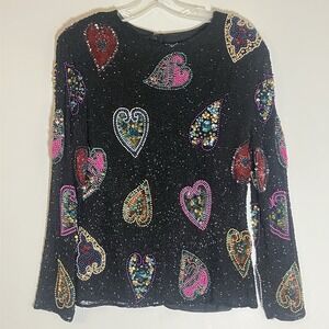 Vintage Royal Feelings Top Womens Small Multicolor Beaded Silk Heart Valentine S